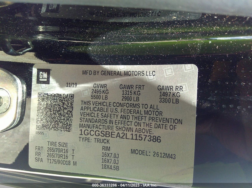 VIN 1GCGSBEA2L1157386 2020 CHEVROLET COLORADO 2WD WORK TRUCK