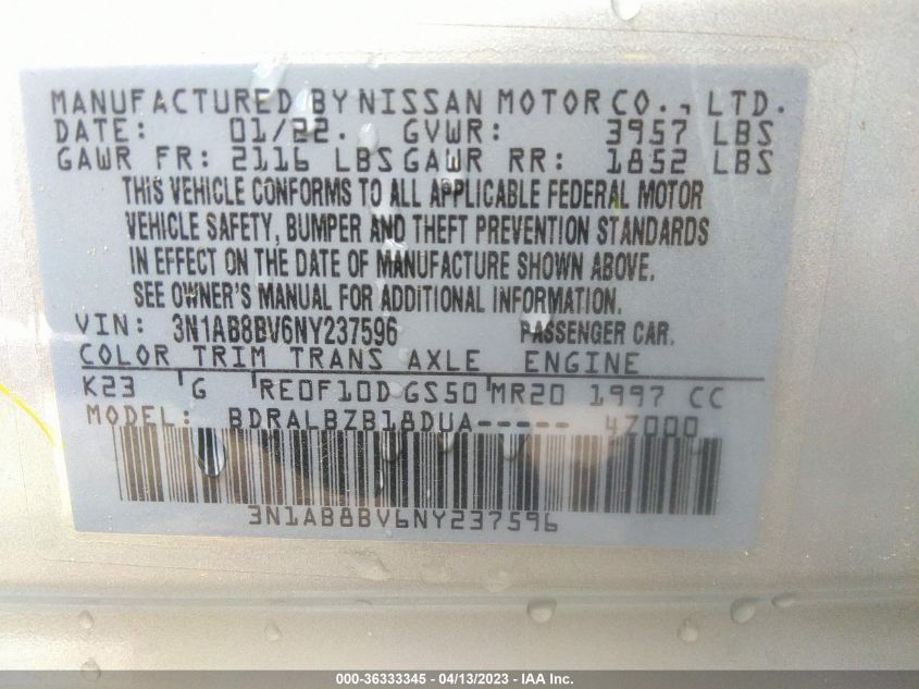 2022 NISSAN SENTRA S - 3N1AB8BV6NY237596