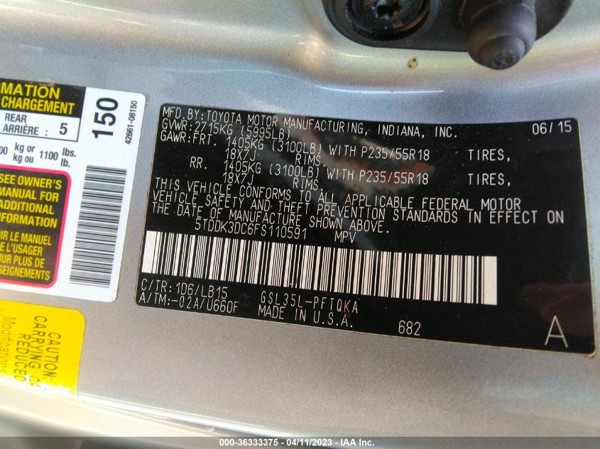 2015 TOYOTA SIENNA LTD/XLE/XLE PREMIUM - 5TDDK3DC6FS110591