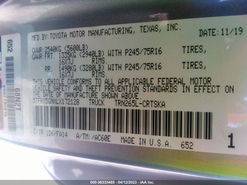 2020 TOYOTA TACOMA 2WD SR/SR5 - 5TFRX5GNXLX172128