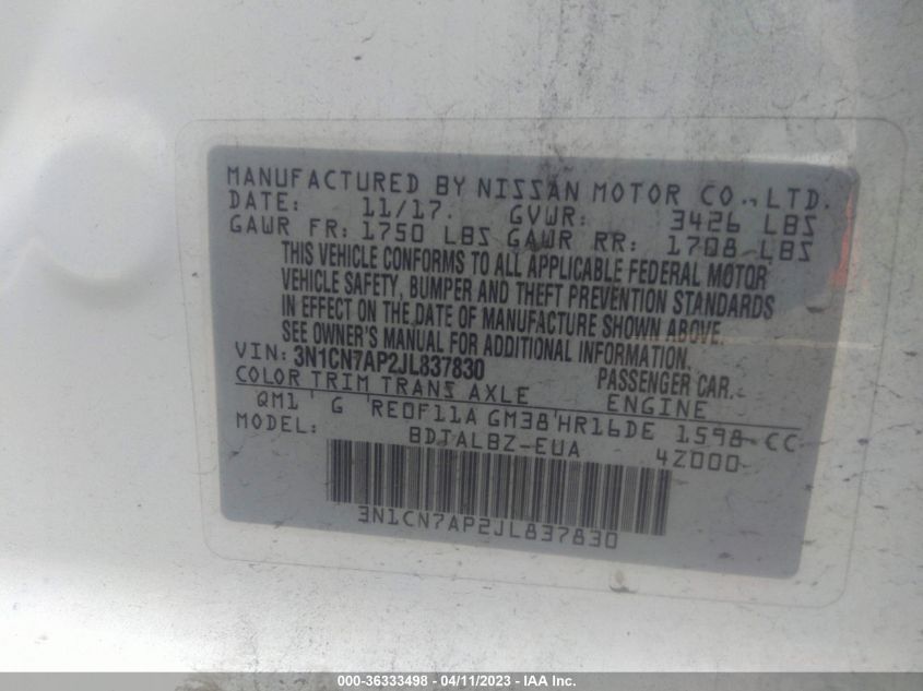 2018 NISSAN VERSA SEDAN SV - 3N1CN7AP2JL837830