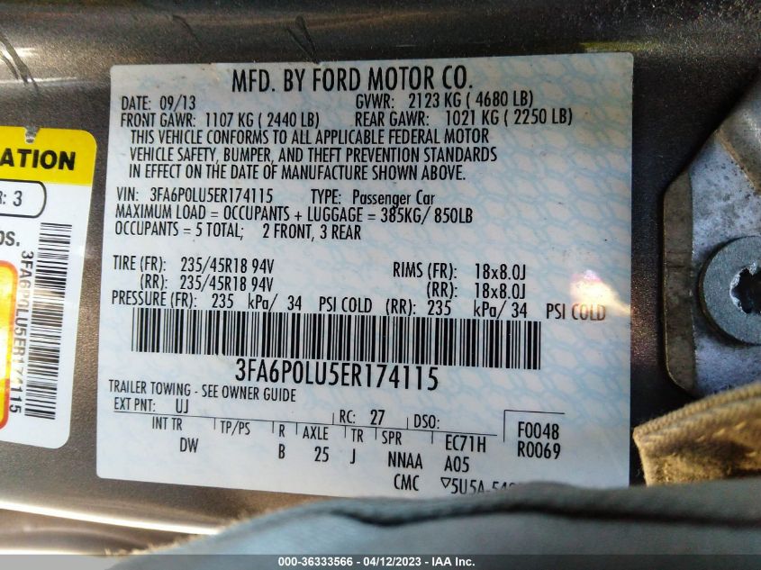 2014 FORD FUSION SE HYBRID - 3FA6P0LU5ER174115