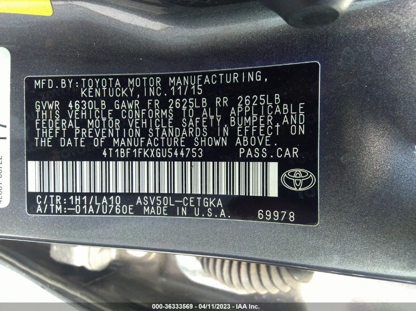 2016 TOYOTA CAMRY XLE/SE/LE/XSE - 4T1BF1FKXGU544753