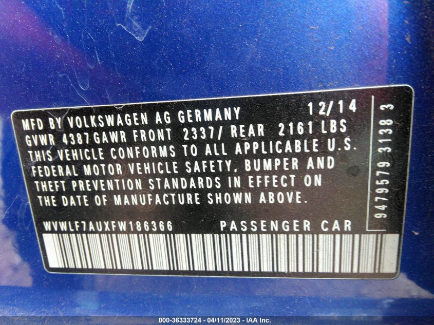 2015 VOLKSWAGEN GOLF R WVWLF7AUXFW186366