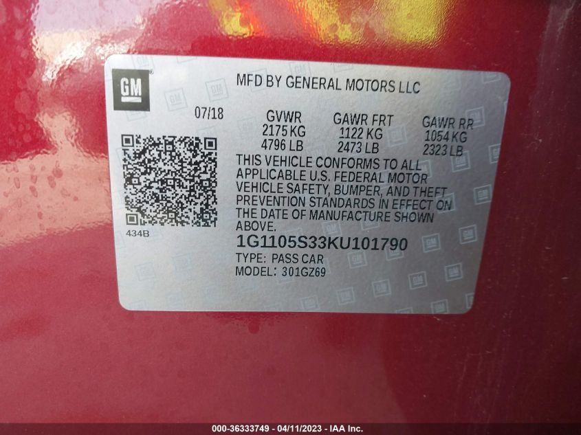 2019 CHEVROLET IMPALA PREMIER - 1G1105S33KU101790