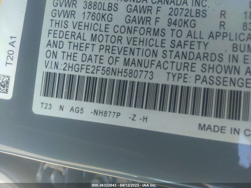 2022 HONDA CIVIC SEDAN SPORT - 2HGFE2F56NH580773