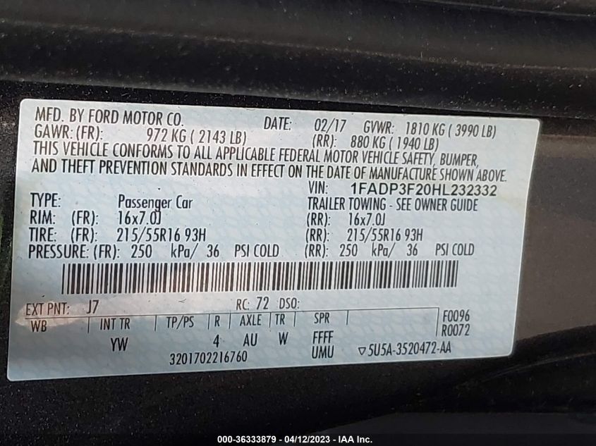 2017 FORD FOCUS SE - 1FADP3F20HL232332