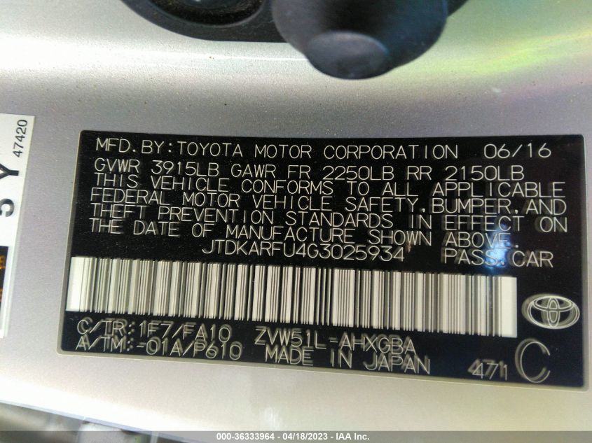 2016 TOYOTA PRIUS FOUR - JTDKARFU4G3025934