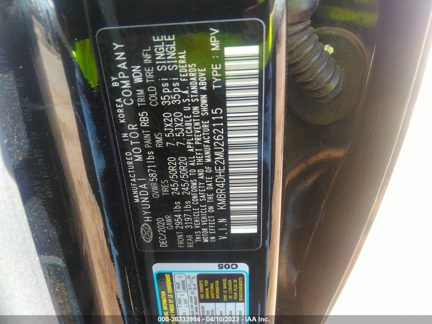 VIN KM8R4DHE2MU262115 2021 HYUNDAI PALISADE SEL
