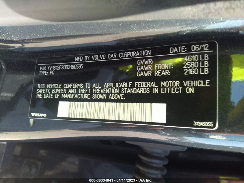 2013 VOLVO S60 T5 - YV1612FS0D2180595