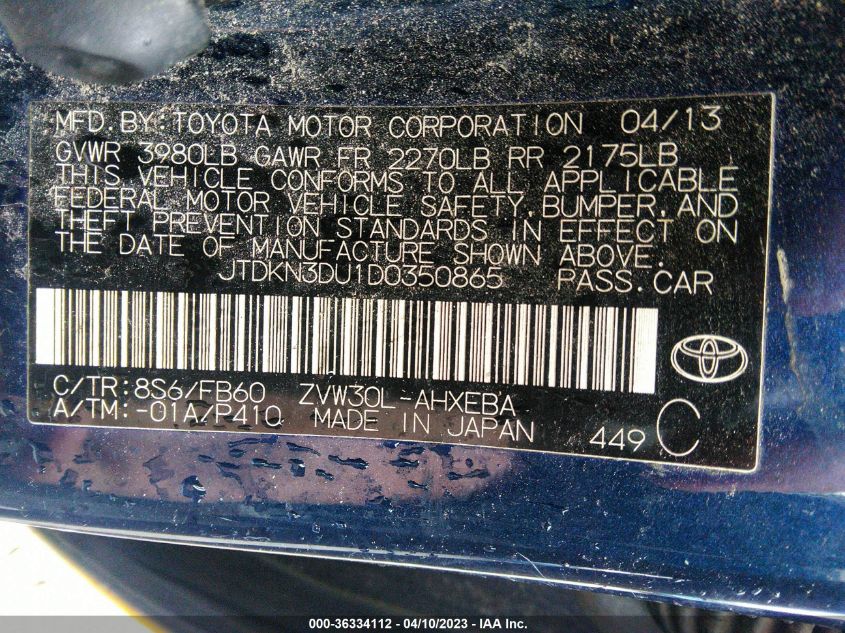2013 TOYOTA PRIUS ONE/TWO/THREE/FOUR/FIVE - JTDKN3DU1D0350865