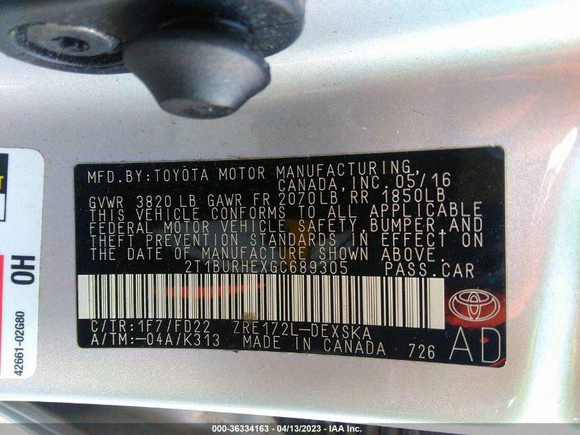 2016 TOYOTA COROLLA L/LE/S/S PLUS/LE PLUS - 2T1BURHE1GC601080