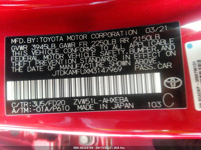 VIN JTDKAMFUXM3147969 2021 TOYOTA PRIUS L