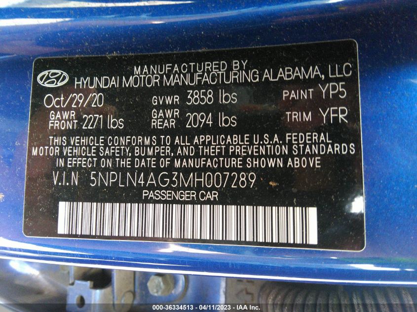2021 HYUNDAI ELANTRA SEL - 5NPLN4AG3MH007289