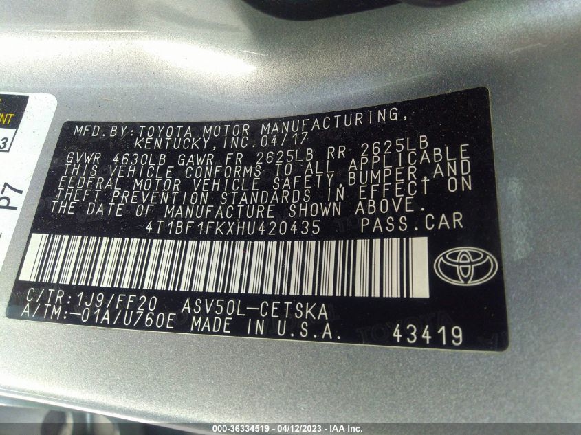 2017 TOYOTA CAMRY XLE/SE/LE/XSE - 4T1BF1FKXHU420435