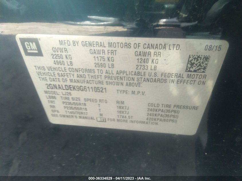 2016 CHEVROLET EQUINOX LTZ - 2GNALDEK9G6110521