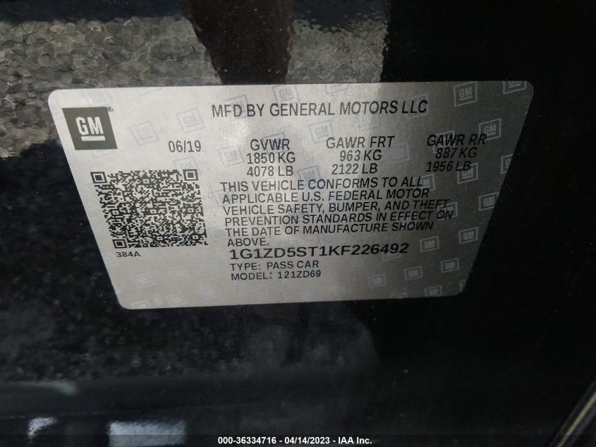 2019 CHEVROLET MALIBU LT - 1G1ZD5ST1KF226492