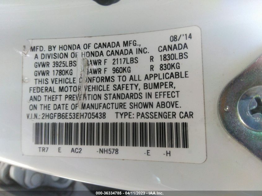 2014 HONDA CIVIC SEDAN SI - 2HGFB6E53EH705438