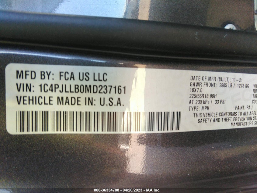 VIN 1C4PJLLB0MD237161 2021 JEEP CHEROKEE ALTITUDE