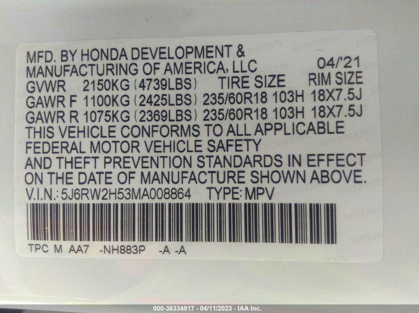 2021 HONDA CR-V EX - 5J6RW2H53MA008864