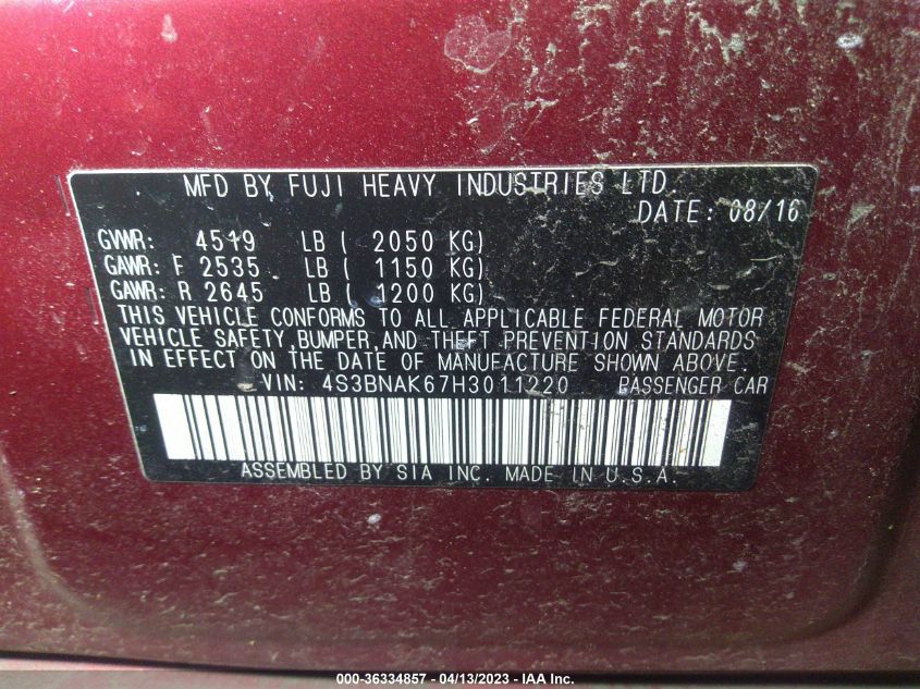 2017 SUBARU LEGACY LIMITED - 4S3BNAK67H3011220