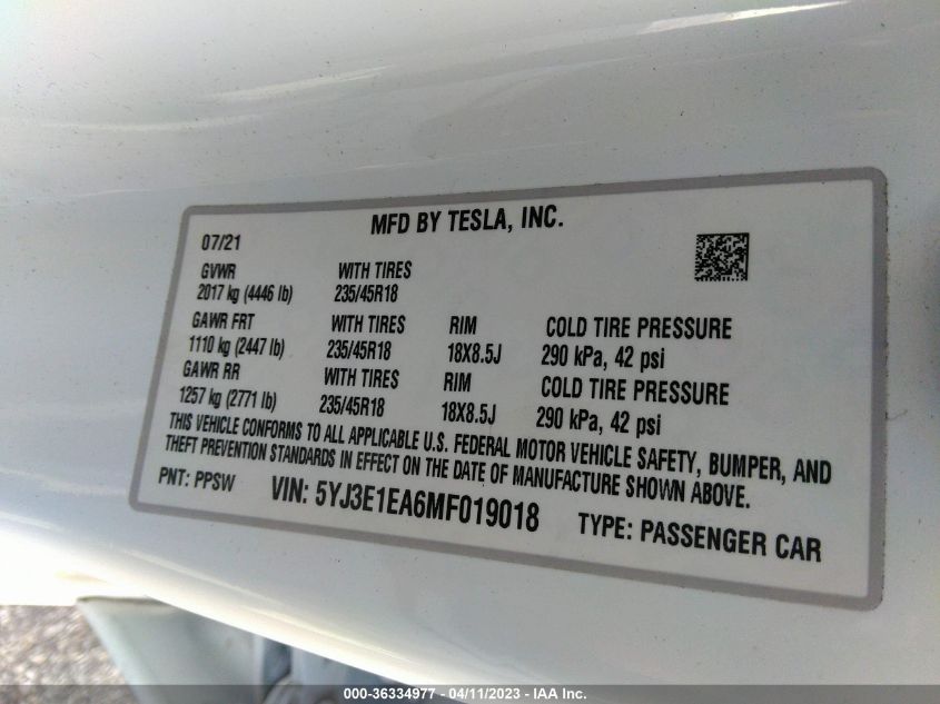 2021 TESLA MODEL 3 STANDARD RANGE PLUS - 5YJ3E1EA6MF019018