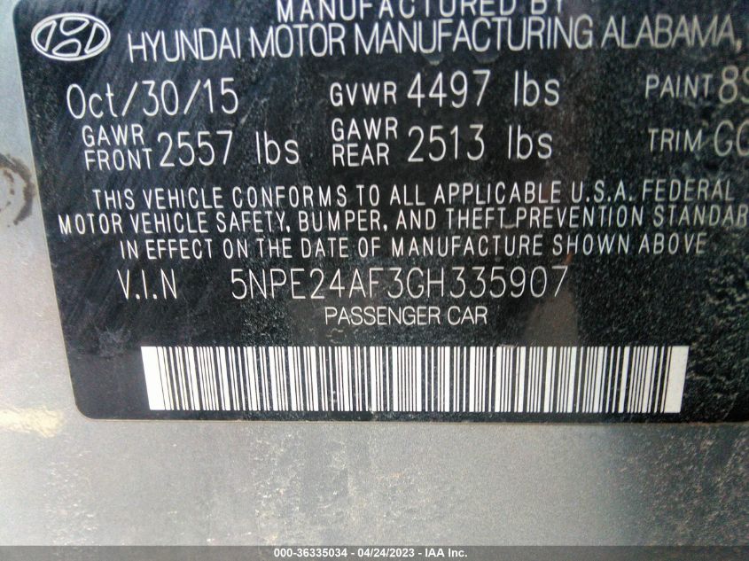 2016 HYUNDAI SONATA 2.4L SE - 5NPE24AF3GH335907