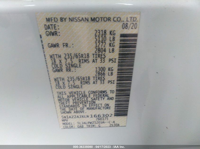2020 NISSAN MURANO S - 5N1AZ2AJXLN166302