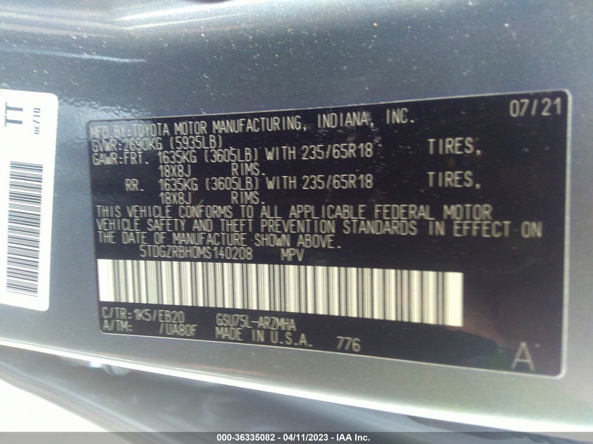 2021 TOYOTA HIGHLANDER 3.5L V6 DOHC -INC 24(VIN: 5TDGZRBH0MS140208