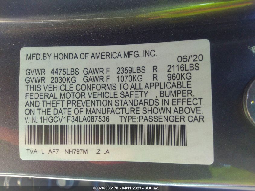 2020 HONDA ACCORD SEDAN SPORT - 1HGCV1F34LA087536