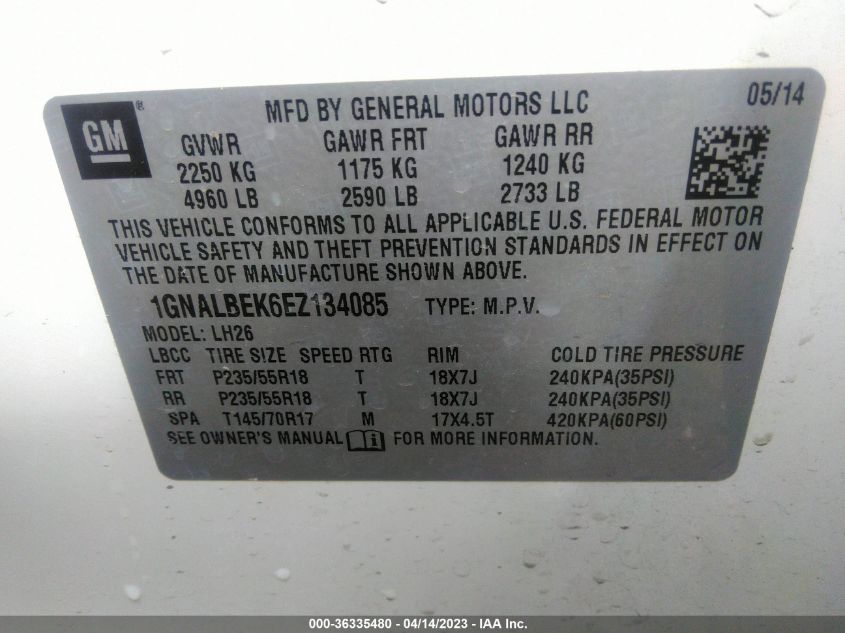 2014 CHEVROLET EQUINOX LT - 1GNALBEK6EZ134085