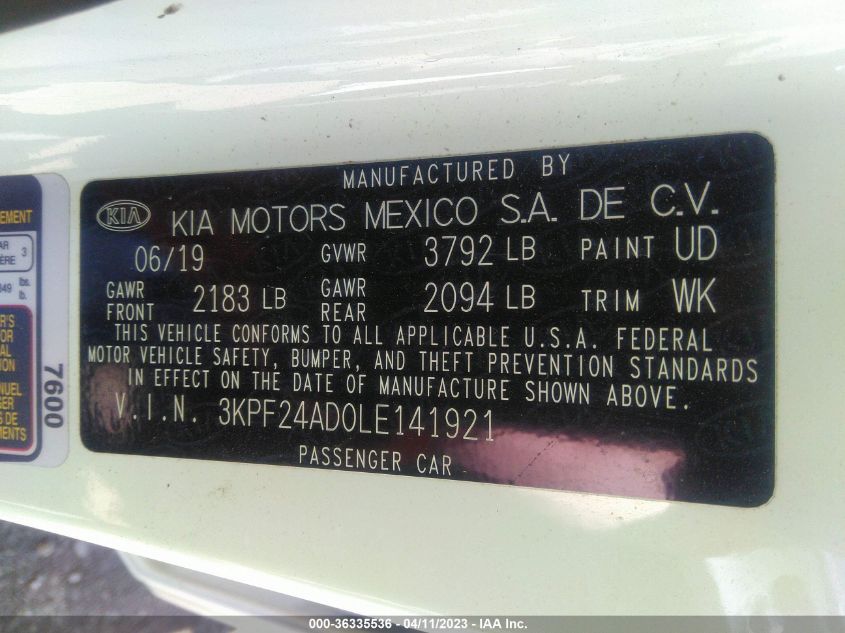 2020 KIA FORTE FE - 3KPF24AD0LE141921