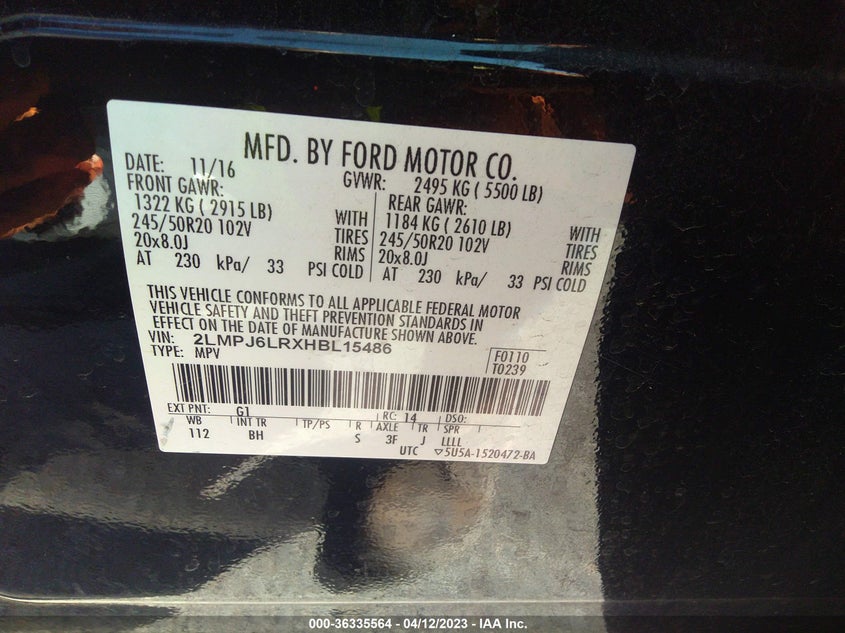 VIN 2LMPJ6LRXHBL15486 2017 LINCOLN MKX RESERVE