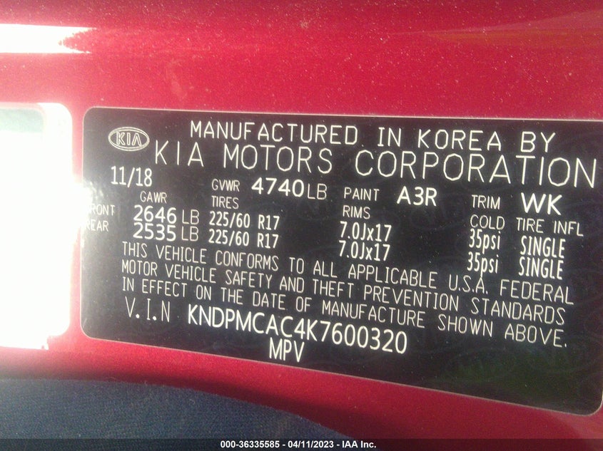 VIN KNDPMCAC4K7600320 2019 KIA SPORTAGE LX