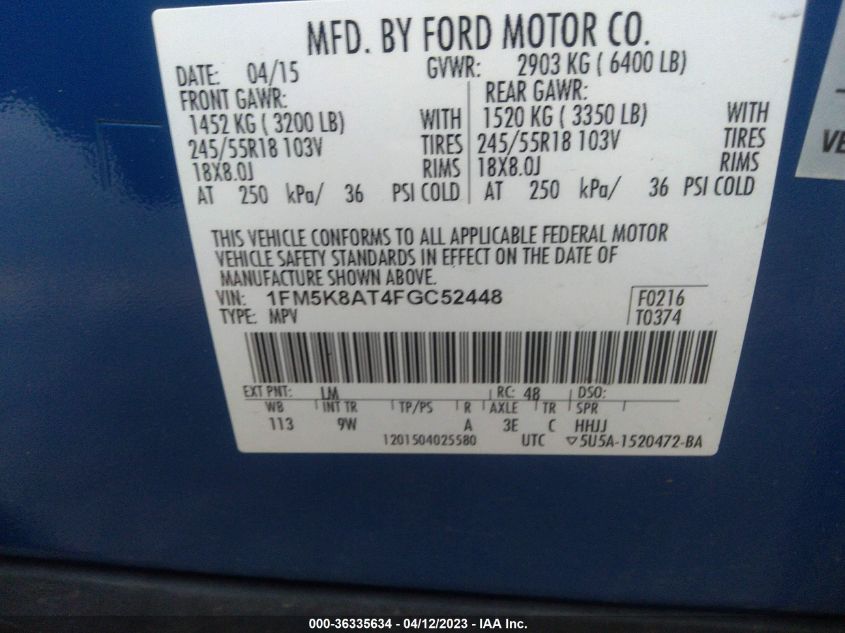 2015 FORD UTILITY POLICE 1FM5K8AT4FGC52448
