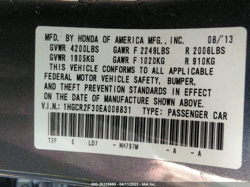2014 HONDA ACCORD SEDAN LX - 1HGCR2F30EA008831