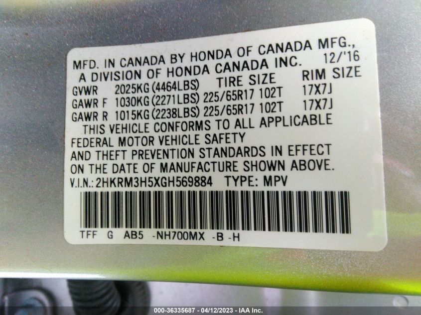 2016 HONDA CR-V EX - 2HKRM3H5XGH569884