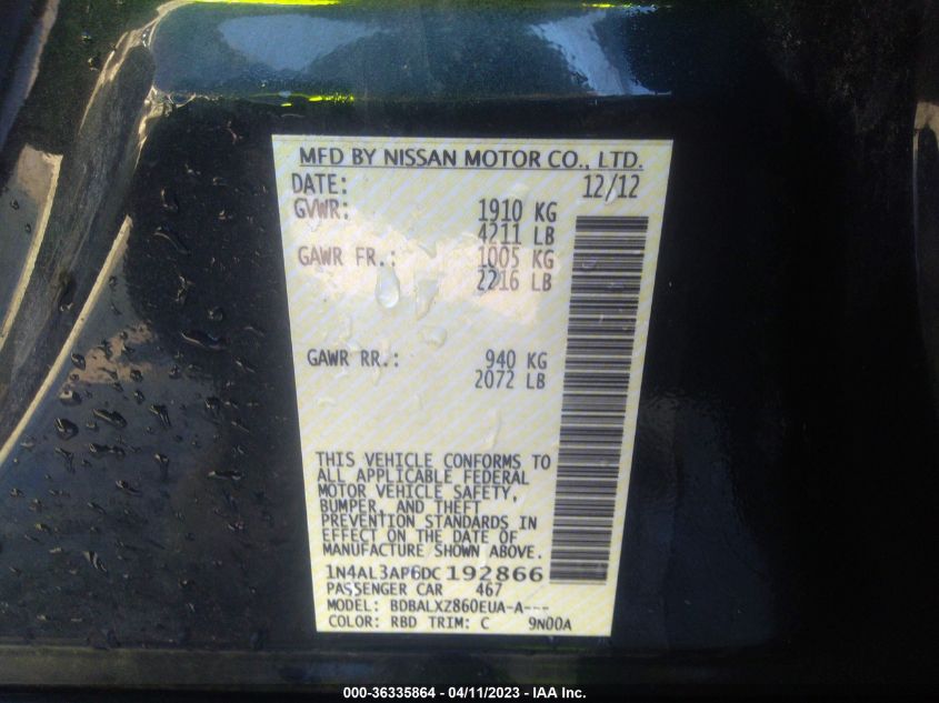 2013 NISSAN ALTIMA 2.5 SL - 1N4AL3AP6DC192866