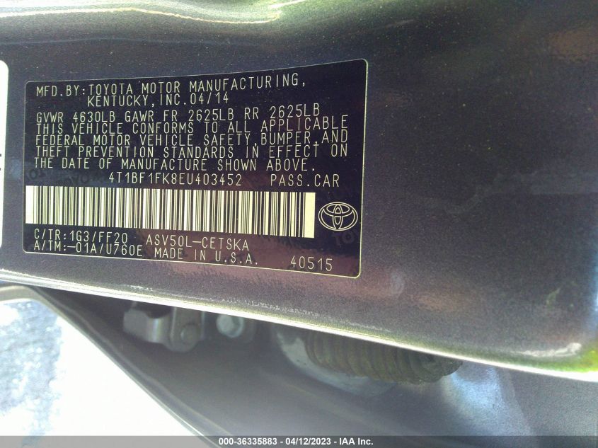 2014 TOYOTA CAMRY L/LE/XLE/SE/SE SPORT - 4T1BF1FK8EU403452