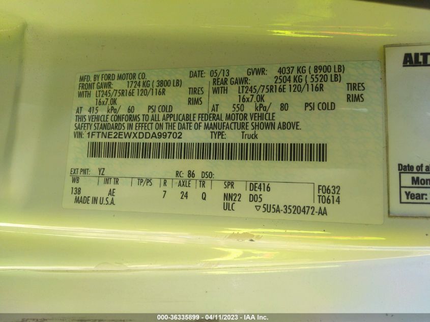 2013 FORD ECONOLINE CARGO VAN COMMERCIAL/RECREATIONAL 1FTNE2EWXDDA99702