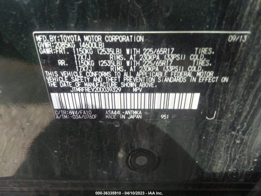 2013 TOYOTA RAV4 XLE - JTMRFREV2DD039329
