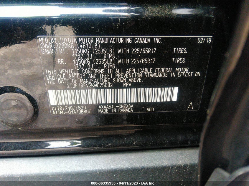 VIN 2T3F1RFV3KW025682 2019 TOYOTA RAV4 LE