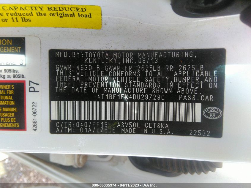 2013 TOYOTA CAMRY L/LE/SE/XLE - 4T1BF1FK4DU297290