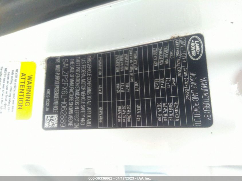 2020 LAND ROVER RANGE ROVER EVOQUE SE - SALZP2FX6LH062889
