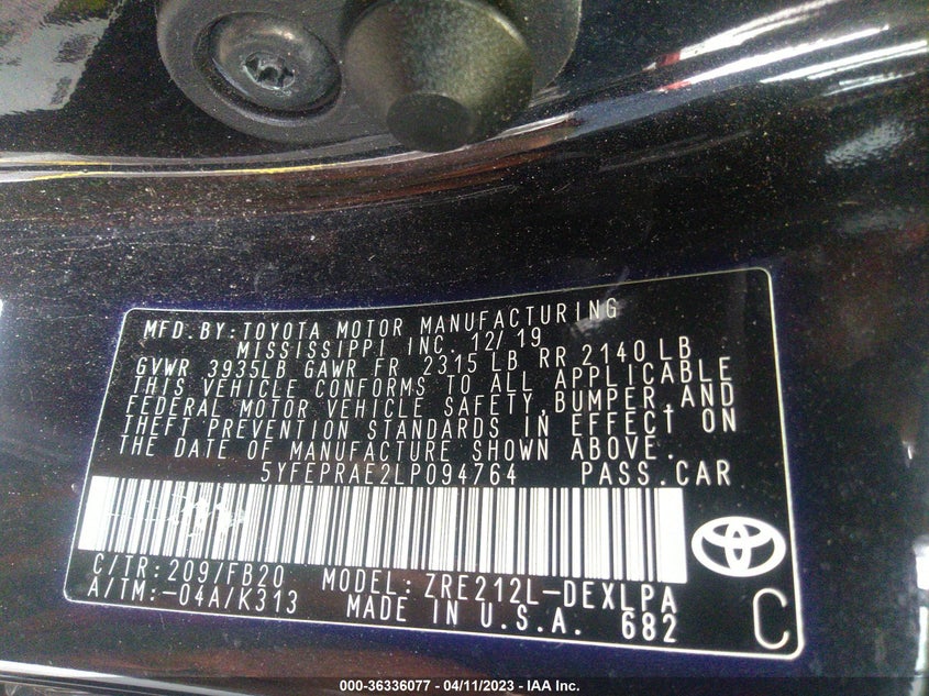 VIN 5YFEPRAE2LP094764 2020 TOYOTA COROLLA LE
