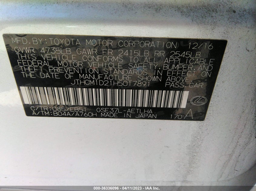 VIN JTHCM1D21H5017891 2017 LEXUS IS IS 300