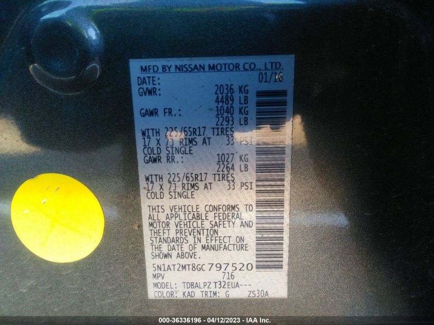 2016 NISSAN ROGUE SV/SL/S - 5N1AT2MT8GC797520
