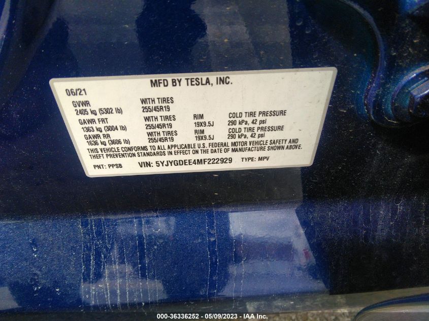 2021 TESLA MODEL Y LONG RANGE - 5YJYGDEE4MF222929