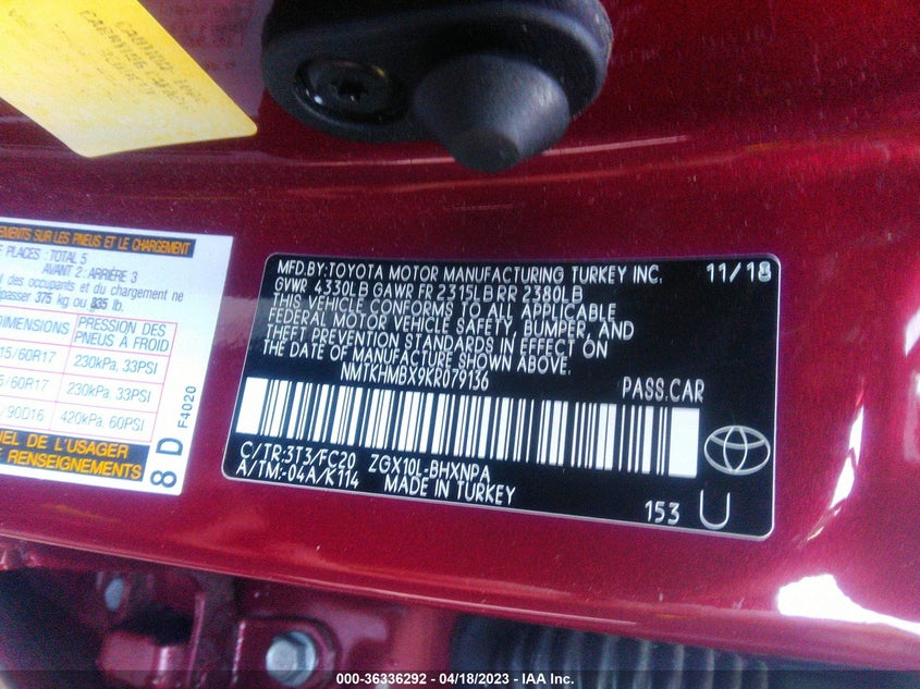 VIN NMTKHMBX9KR079136 2019 TOYOTA C-HR XLE/LE/LIMITED