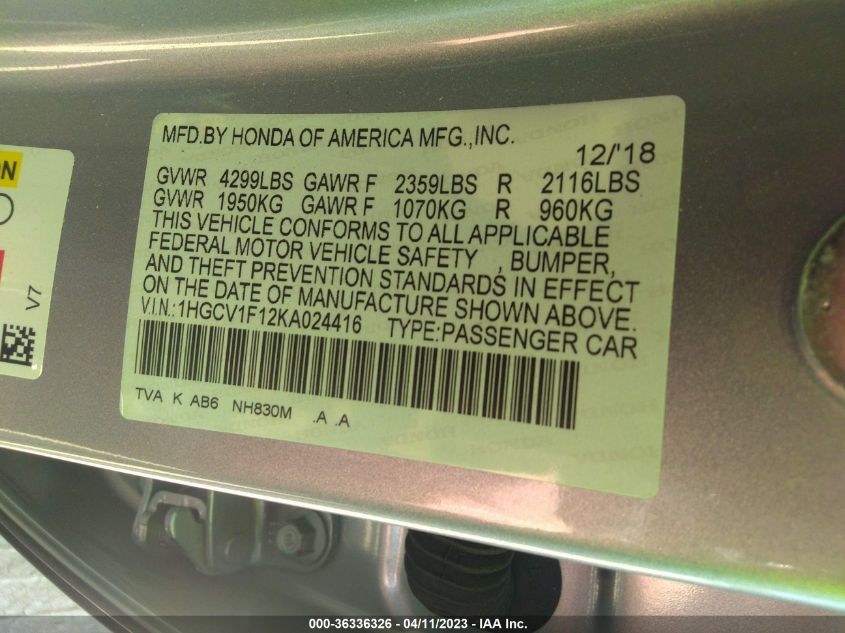 2019 HONDA ACCORD SEDAN LX 1.5T - 1HGCV1F12KA024416
